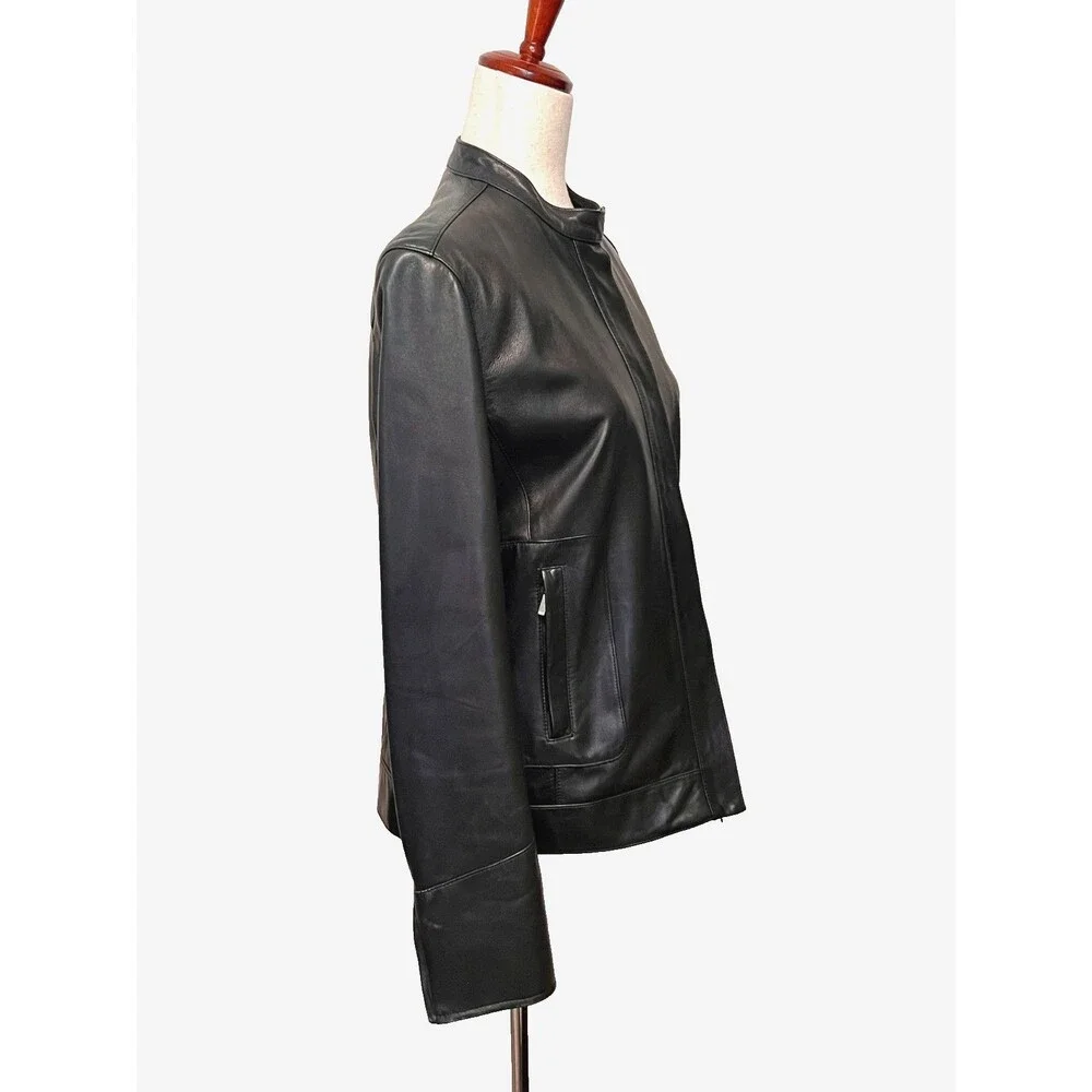 Faconnable Women's M Black Lambskin Leather Moto Jacket City Biker Rock Gothic - Picture 2 of 11